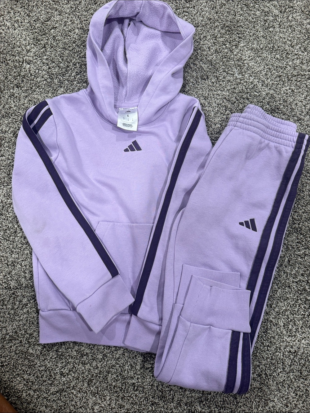 Adidas Girls Lavender Hoodie & Joggers Set with Dark Purple Stripes